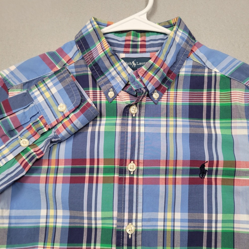 Ralph Lauren Boys Blue Plaid Button Down Shirt Size M 10-12 Long Sleeve Pony